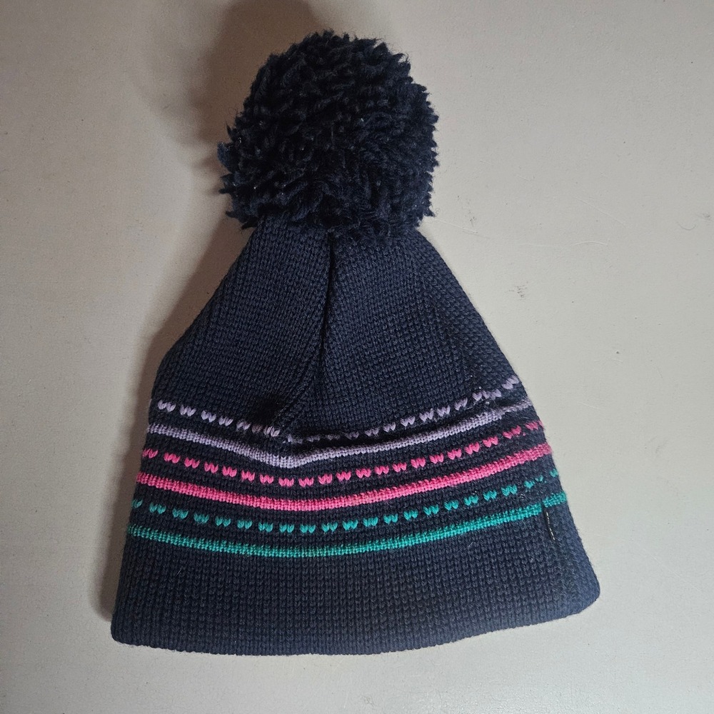 Smiley Vintage Pure Wool Beanie Navy Blue Fair Isle Heart Pom Pom Hat USA Made